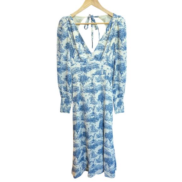 Reformation Juliette Toile Blue White Long Sleeve Slit Midi Dress Size 2 - Picture 2 of 6
